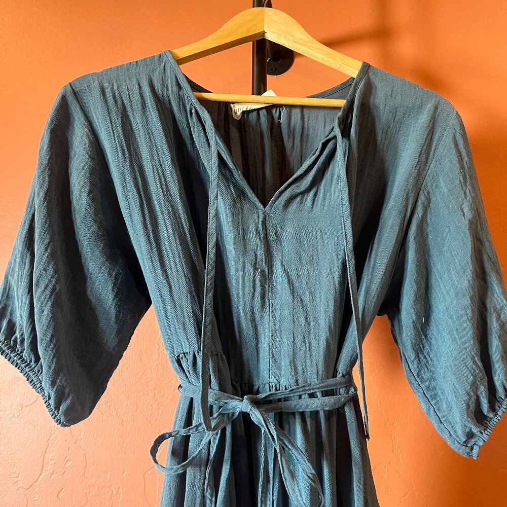 Hollow Bone Prairie Dress, Dark Teal, Size Medium, 100% Linen